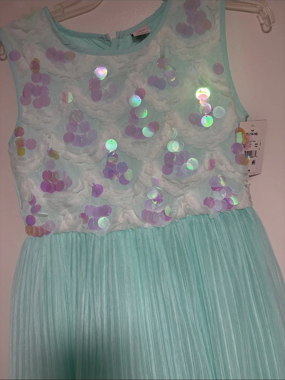 NWT- Disney new Girls' Light Aqua Sequin Bodice Party Dress Aqua color.